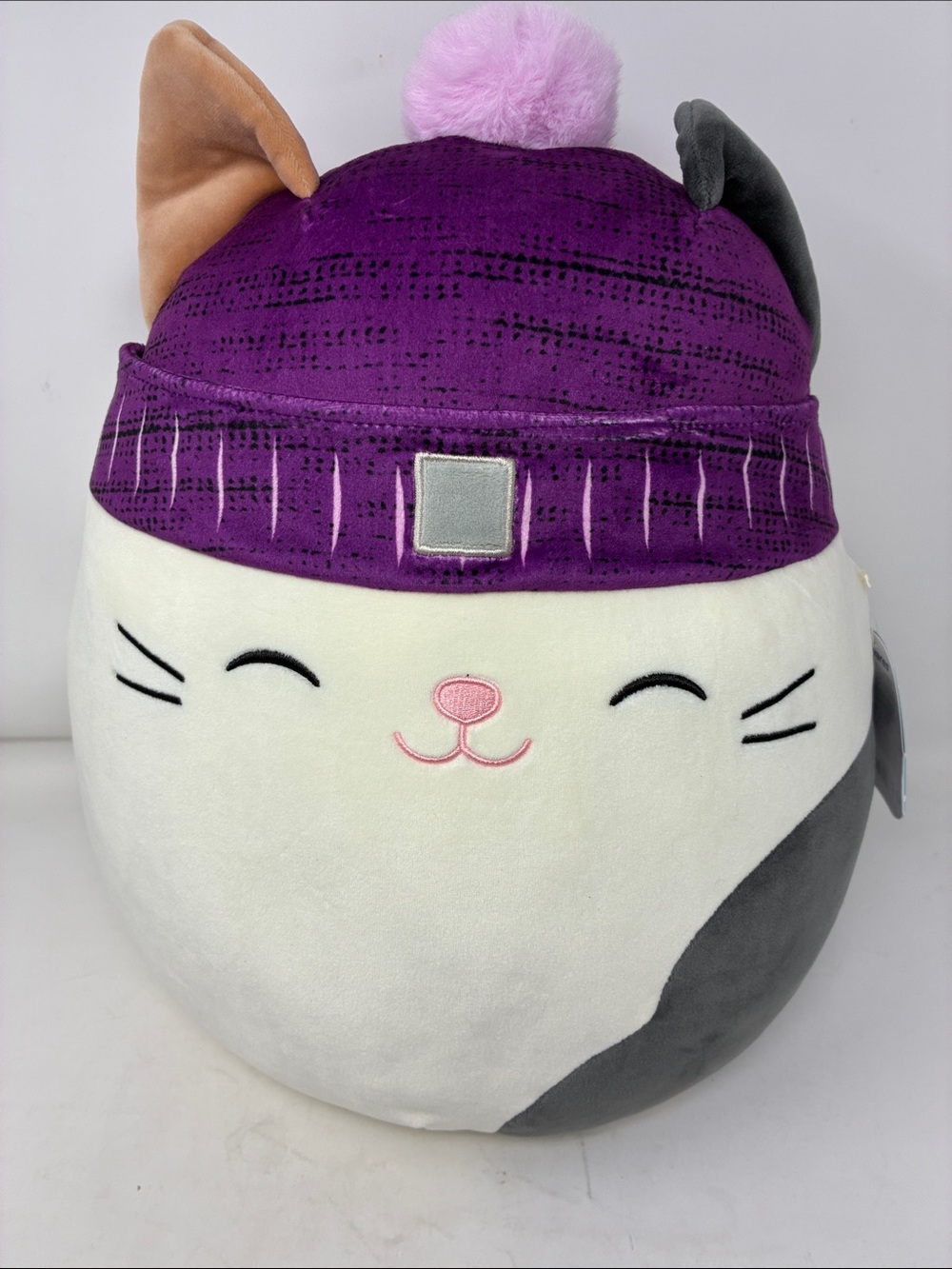 Squishmallows Cam - Calico Cat Plush with Purple Beanie and Pink Pom